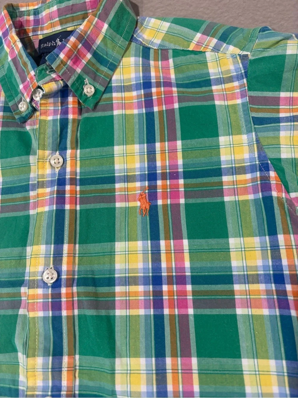 Ralph Lauren Green Multicolor Plaid Short-Sleeve Button-Down Shirt size 7